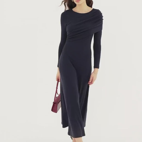OGLmove Women's Eco-Mousse Boatneck Ruched A-Line Midi Bra Dress