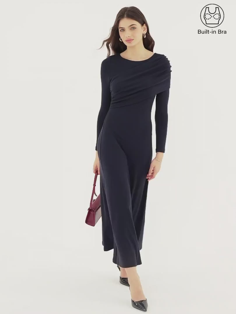 OGLmove Women's Eco-Mousse Boatneck Ruched A-Line Midi Bra Dress
