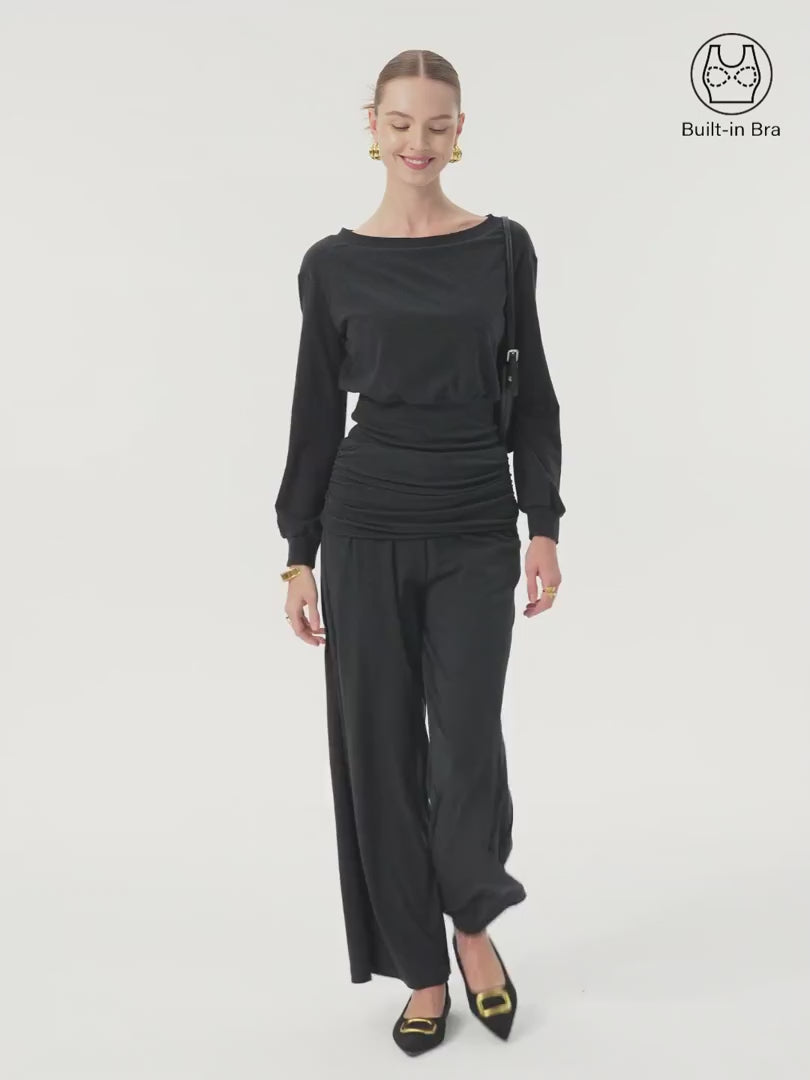OGLmove Women's 2-Piece Boatneck Bra and Wide-Leg Pants Set