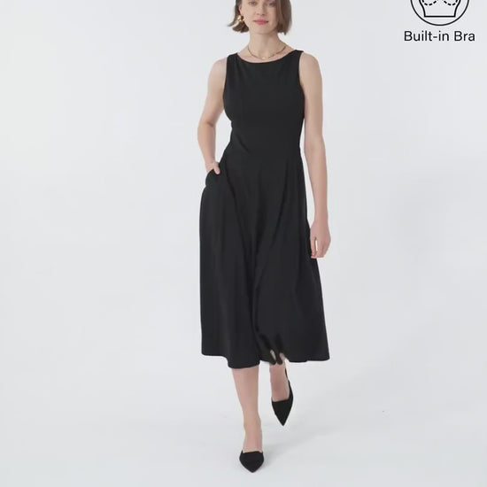 OGLmove Women's Boatneck Bamboo Ponte Bra Midi Dress with Pockets