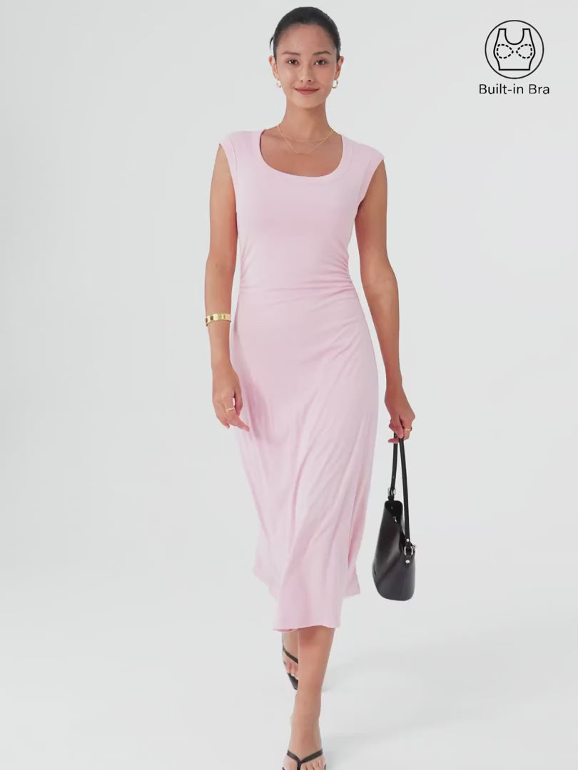 OGLmove Women's Scoop Neck Side Ruched Bra Midi Dress