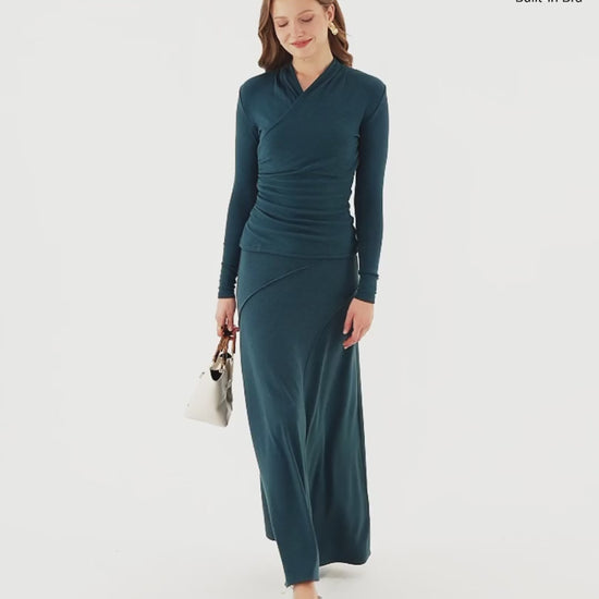 OGLmove Women's Surplice Long Sleeve Top & A-Line Midi Skirt Set