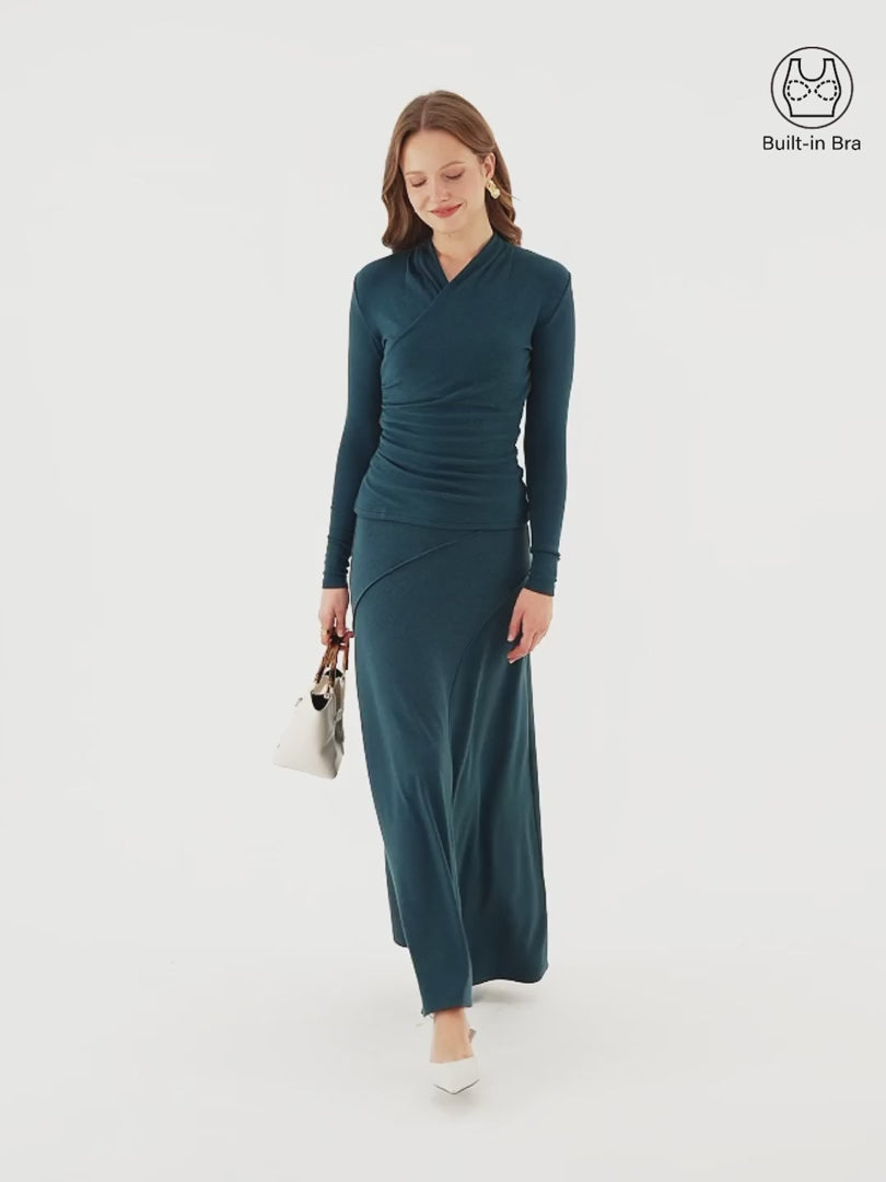 OGLmove Women's Surplice Long Sleeve Top & A-Line Midi Skirt Set