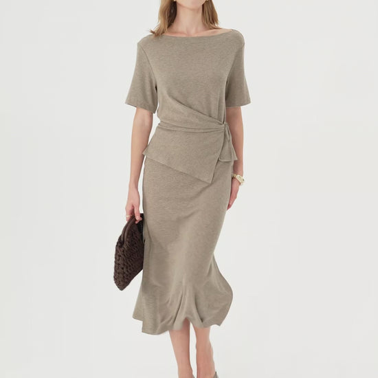 OGLmove Women's Tie-Side Top and Side-Slit Midi Skirt Set