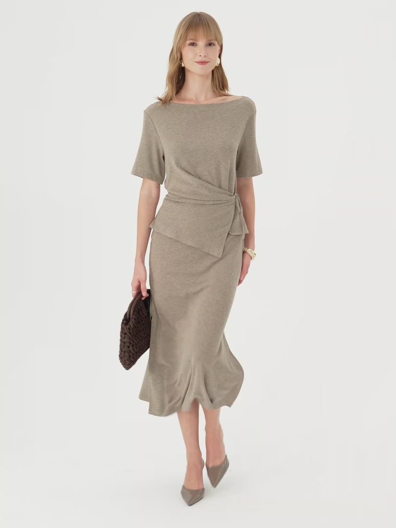 OGLmove Women's Tie-Side Top and Side-Slit Midi Skirt Set