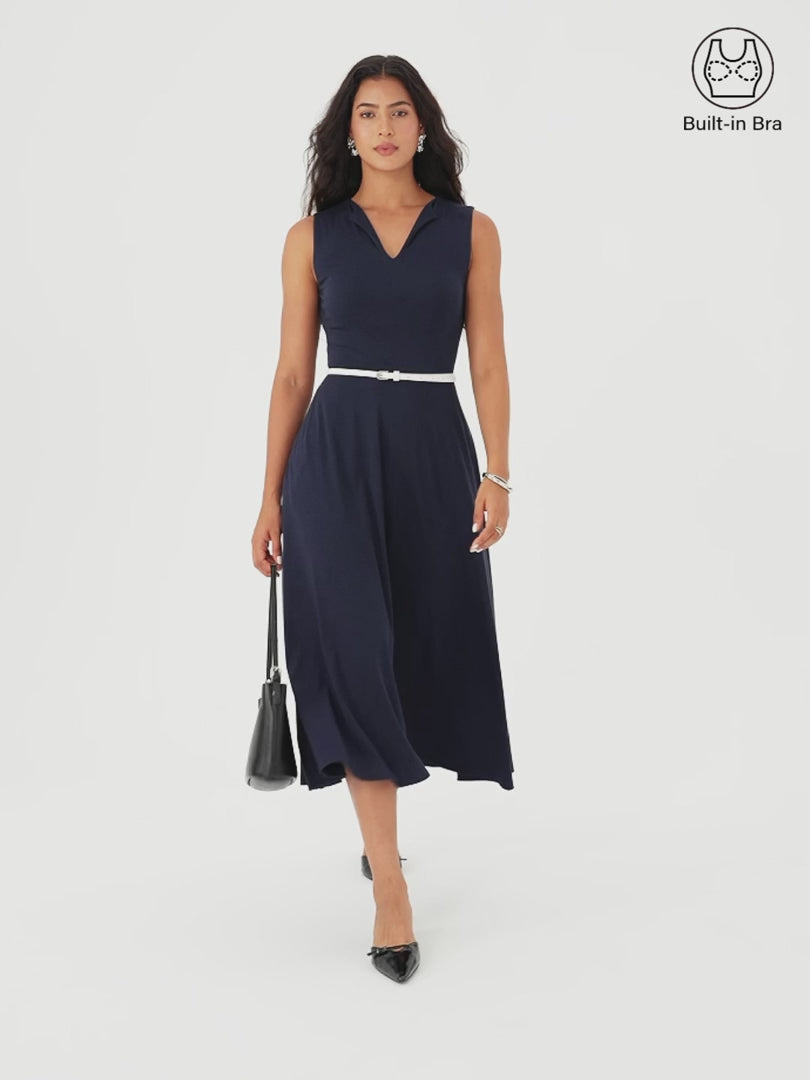 OGLmove Women's Ribbed Collared V-Neck Sleeveless Midi Bra Dress with Pockets
