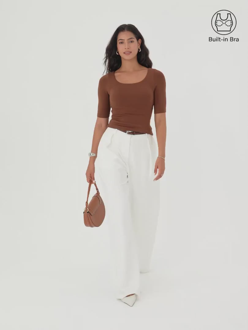 OGLmove Women's Square Neck Elbow Length Sleeve Bra Top