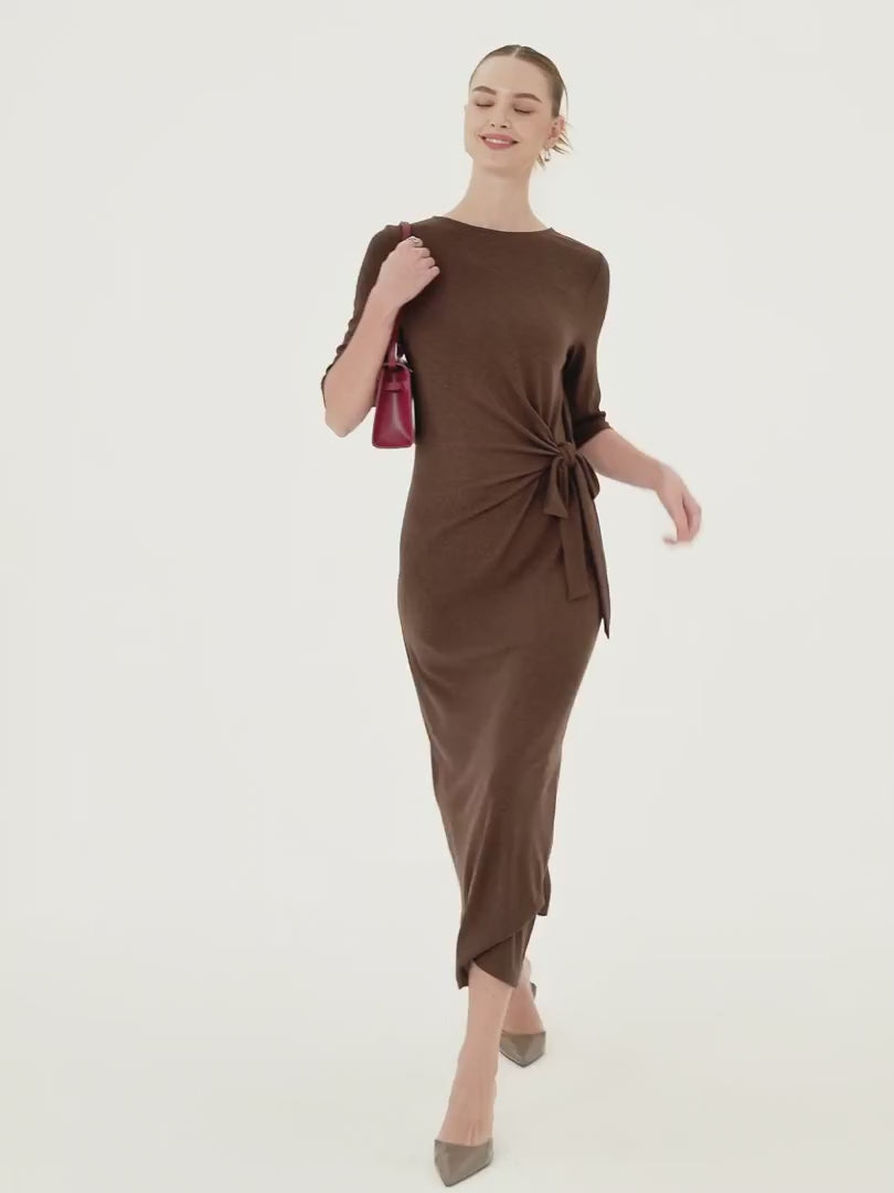 OGLmove Women's Slub Ribbed Round Neck Tie-Waist Midi Dress