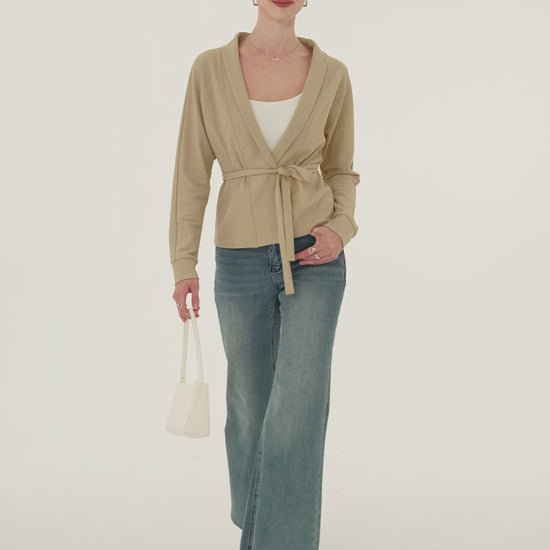 OGLmove Women's Textured Cotton Blend Lapel Belted Open-Front Jacket