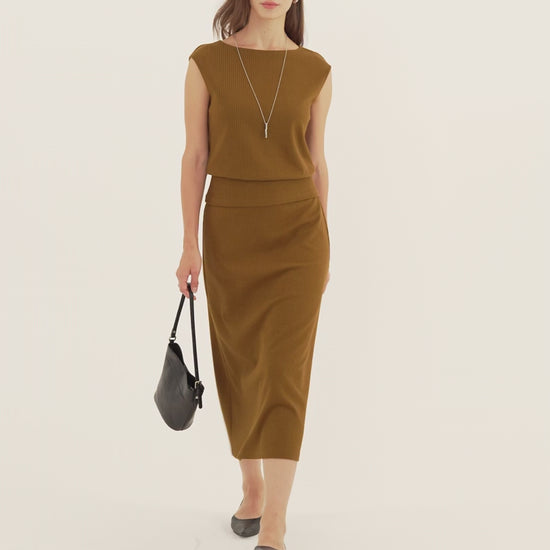 OGLmove Women's Boatneck Sleeveless Top and Midi Skirt Set