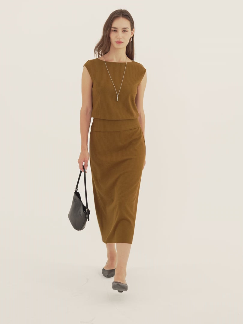 OGLmove Women's Boatneck Sleeveless Top and Midi Skirt Set