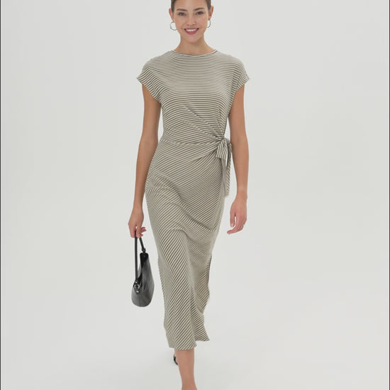 OGLmove Women's Striped Relaxed Midi Dress with Self-Tie