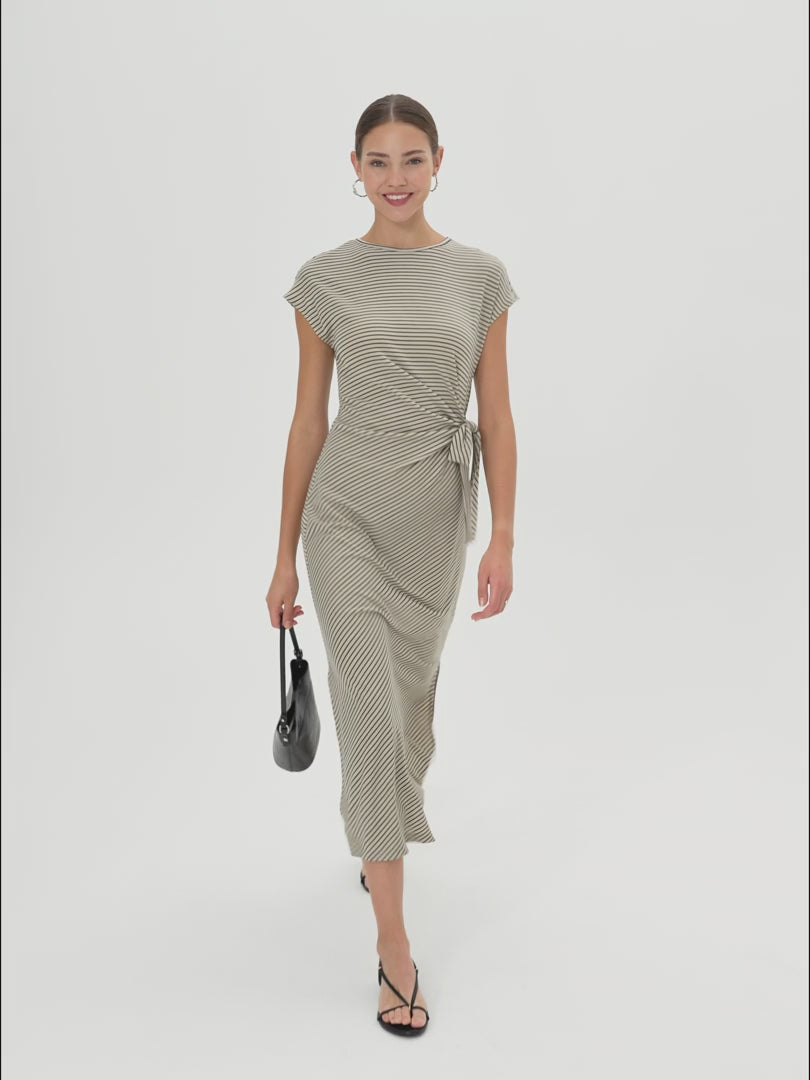 OGLmove Women's Striped Relaxed Midi Dress with Self-Tie