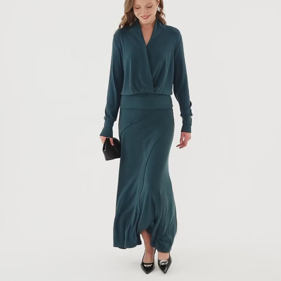 OGLmove Women's Surplice Long Sleeve Top and A-Line Skirt Set