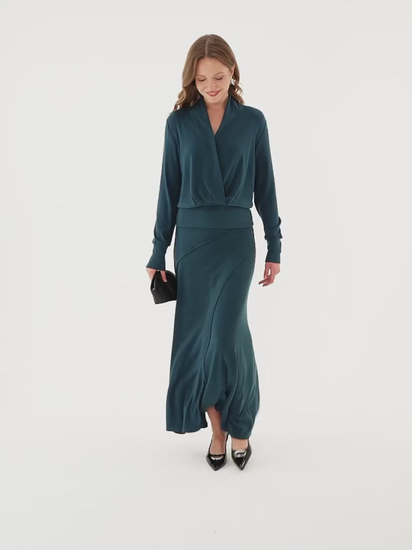 OGLmove Women's Surplice Long Sleeve Top and A-Line Skirt Set