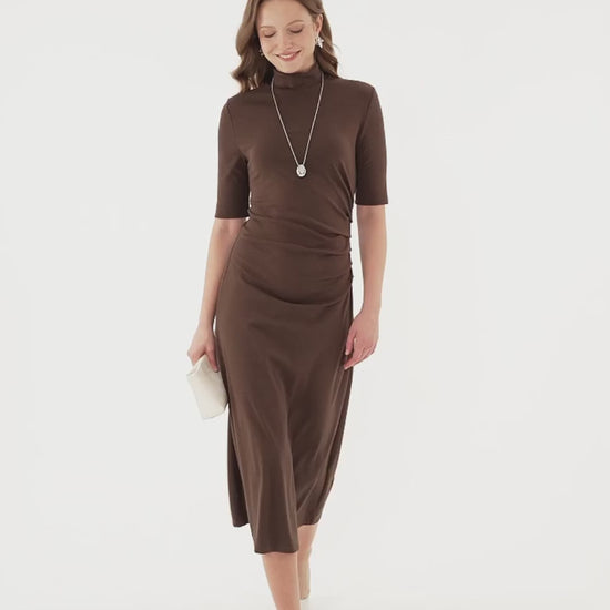 OGLmove Women's Cotton Blend Mock Neck Tucked A-Line Midi Dress