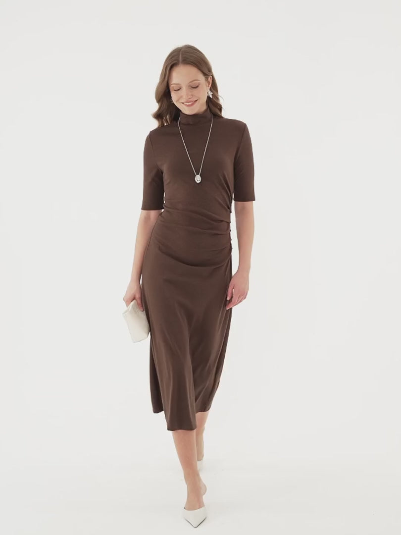 OGLmove Women's Cotton Blend Mock Neck Tucked A-Line Midi Dress