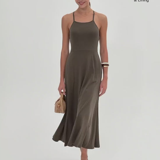 OGLmove Women's Soft Linen Knit Spaghetti Midi Bra Dress