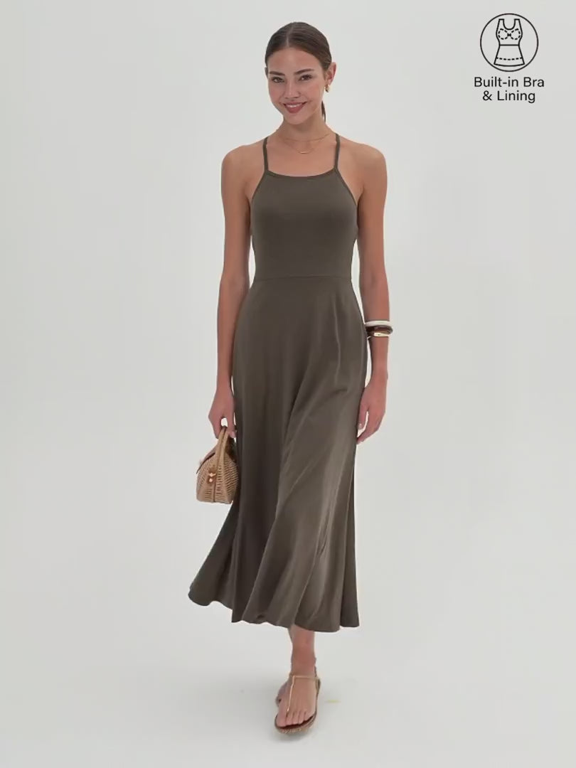 OGLmove Women's Soft Linen Knit Spaghetti Midi Bra Dress