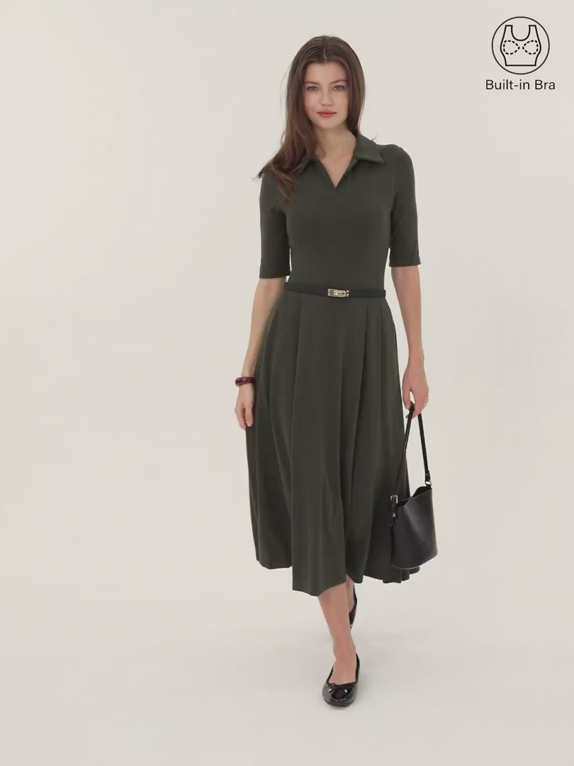 Polo Neck Elbow Length Sleeve Midi Bra Dress with Pockets