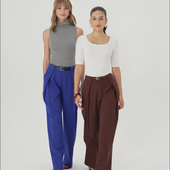 OGLmove Women's Ponte Mid-Rise Wide-Leg Tuck Pants with Pockets