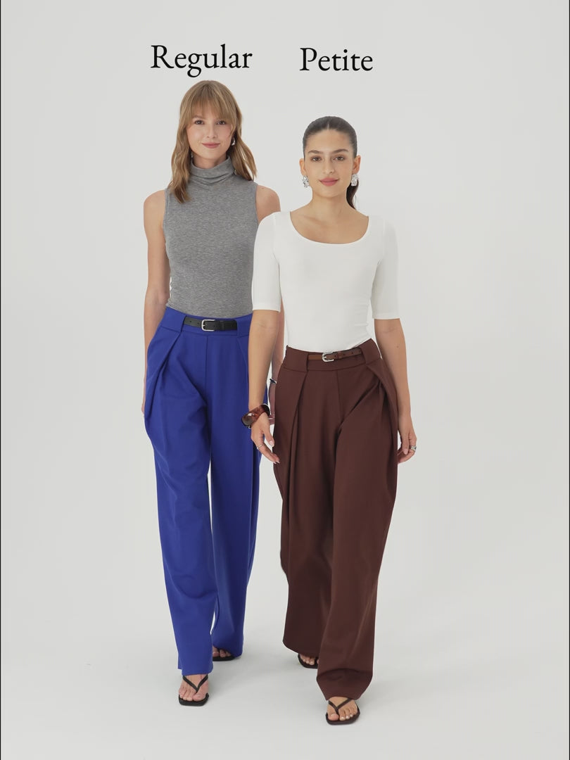 OGLmove Women's Ponte Mid-Rise Wide-Leg Tuck Pants with Pockets