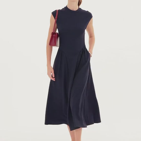 Ponte Mock Neck Ruched A-Line Midi Dress with Pockets