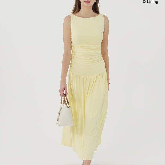 OGLmove Women's SkinKiss Boatneck Ruched Sleeveless Midi Bra Dress