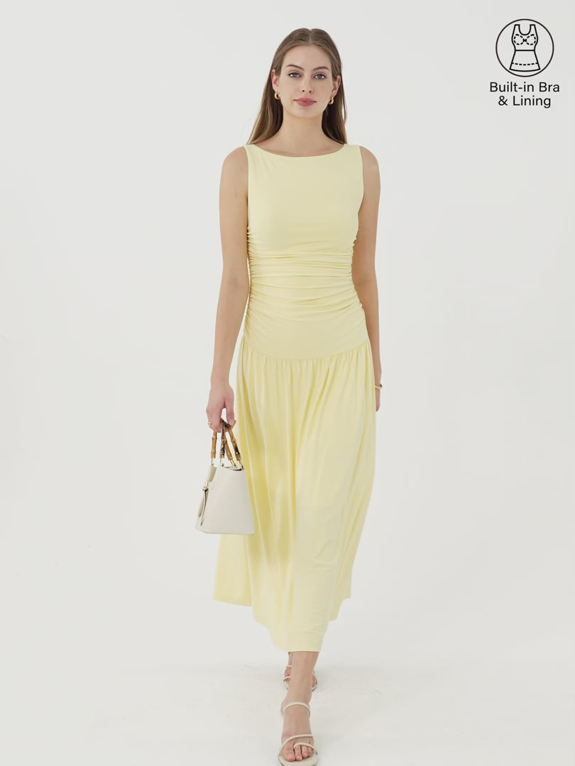 OGLmove Women's SkinKiss Boatneck Ruched Sleeveless Midi Bra Dress