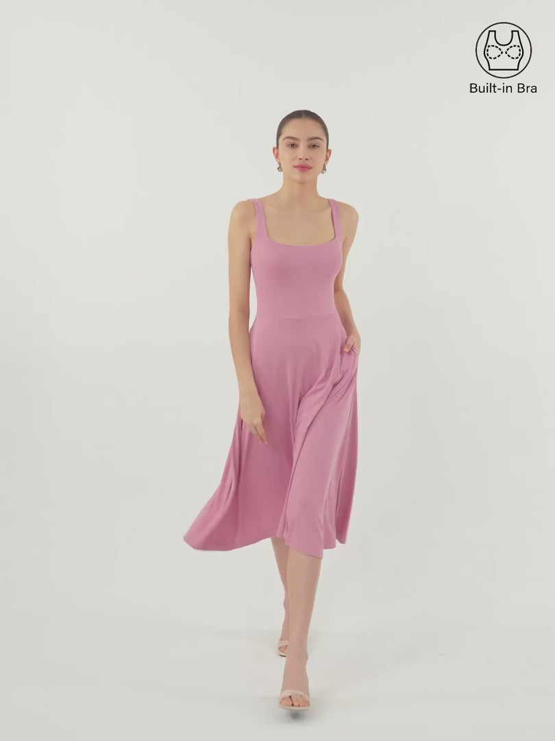 OGLmove Women's Square Neck Flowy Airy Bra Midi Dress