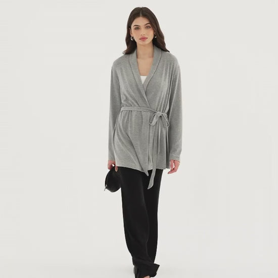 OGLmove Women's Eco-Mousse Lapel Long Sleeve Belted Cardigan