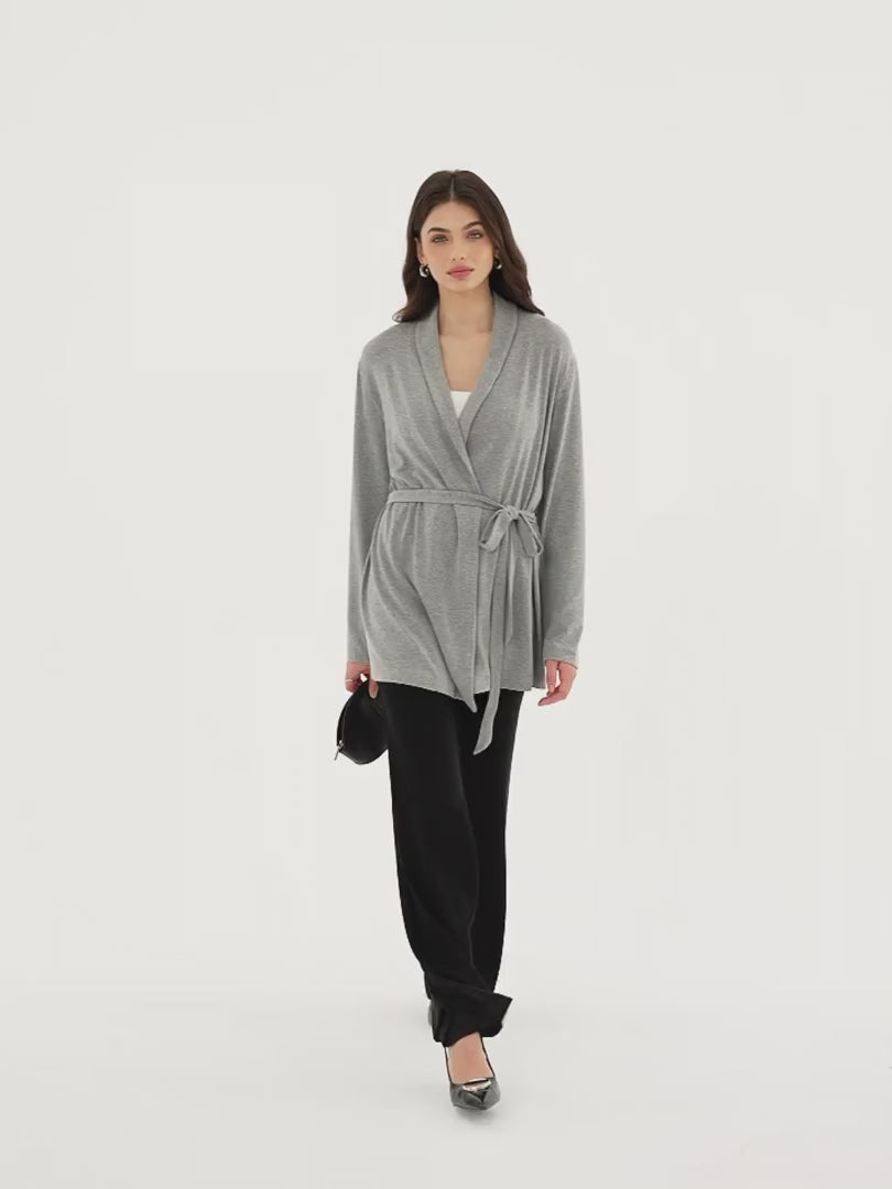 OGLmove Women's Eco-Mousse Lapel Long Sleeve Belted Cardigan