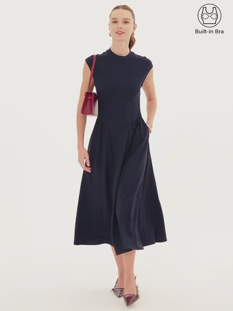 OGLmove Women's Ponte Mock Neck Ruched A-Line Midi Dress with Pockets