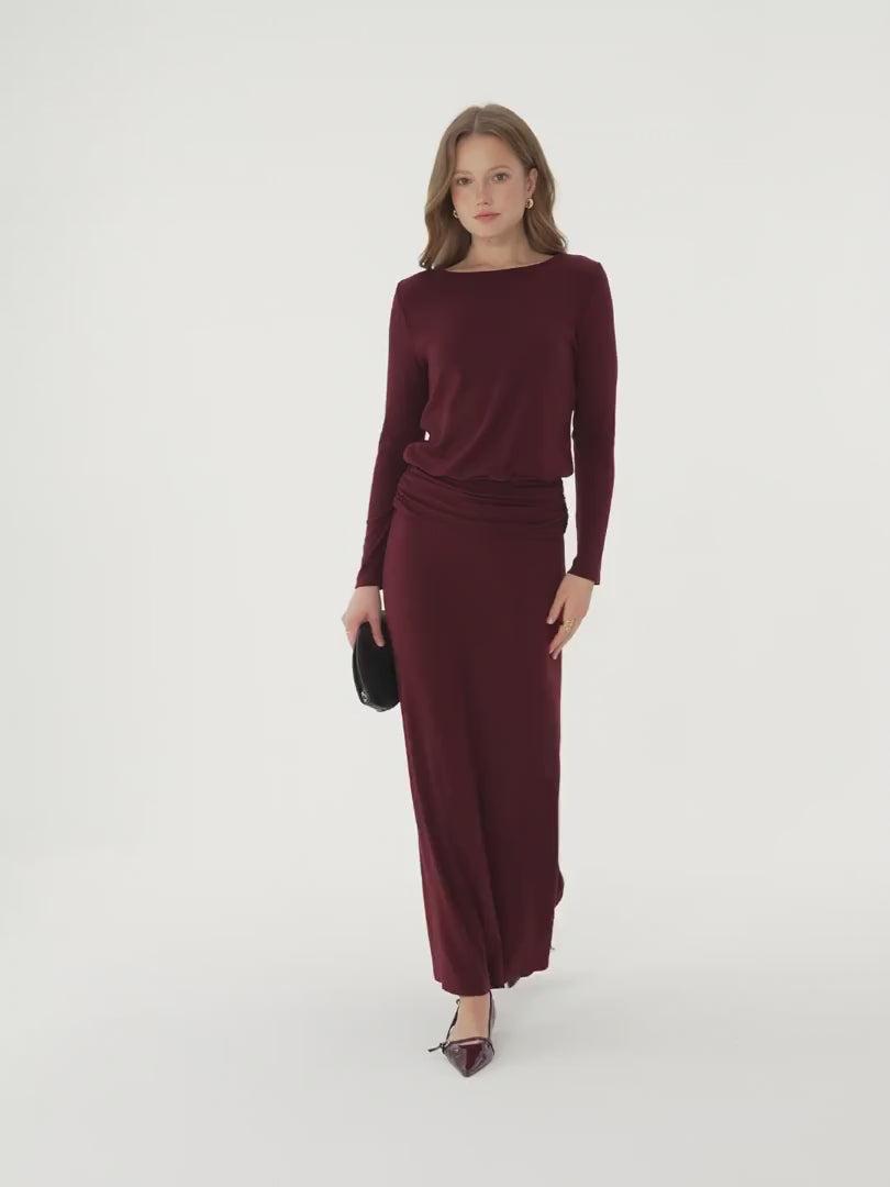 OGLmove Women's Boatneck Long Sleeve Top & Maxi Skirt Set