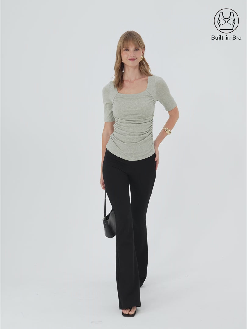 OGLmove Women's Lyocell-Wool Square Neck Elbow Sleeve Ruched Bra Top